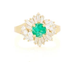 1110
An 18K Gold, Emerald and Diamond Ring
Centering a round emerald weighing approximately 0.95 carat, accented by round and baguette diamonds weighing approximately 0.72 carat
Size: 6 1/4
5.8 grams gross
Estimate: $700 - $1,000