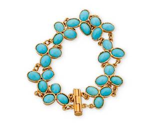 1132
A 14K Gold and Turquoise Bracelets
Featuring floral clusters of oval turquoise cabochons
Length: 7 in., Width: 5/8 in.
194 grams gross
Estimate: $800 - $1,200