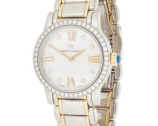 1182
A David Yurman Diamond Watch
Dial: 24.05 mm, round mother-of-pearl with mixed numerals, encircled by round diamonds weighing approximately 0.48 carat
Case: 30.00 mm
Case number: A-1511
Closure: stainless-steel link bracelet with a butterfly clasp
Signed: dial, case and clasp
Inner circumference: 5 3/4 in.
73.2 grams gross
Estimate: $800 - $1,200