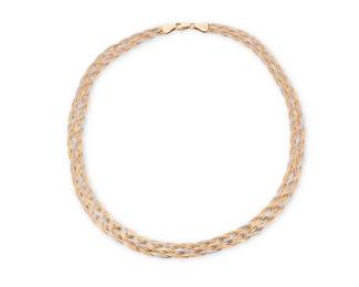 1116
A 14K Tri-Color Gold Necklace
Of a braided design featuring yellow, rose and white gold, signed milros
Length: 16 in.
11.4 grams gross
Estimate: $400 - $600