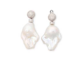 1029
A Pair of 18K White Gold, Baroque Pearl and Diamond Earrings
Featuring two large baroque pearls suspended from a pave diamond set dome
2 pieces
Measures: 1 1/2 x 1 in.
28.9 grams gross
Estimate: $500 - $700