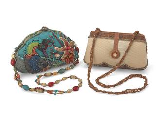 1094
Mary Frances: Two Vintage Beadwork Shoulder Bags
Featuring a sea-themed turquoise fabric frame bag with elaborate beaded and applied fabric motifs including a seahorse, starfish and waves, with a multicolored removeable beadwork strap, together with a beaded faux snakeskin doctor's style frame bag with elaborate iridescent beadwork in gold, yellow and purple with a braided beadwork strap, each labeled to interior, and the sea life bag with a Certificate of Authenticity, No. 50930
2 pieces
Sea life bag: 5 1/2 in. H x 8 in. W x 3 3/4 in. D; strap drop: 14 in.
Faux snakeskin: 4 1/2 in. H x 8 in. W x 3 1/4 in. D; strap drop: 17 in.
Estimate: $300 - $500