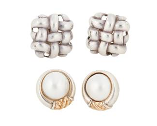 1058
Tiffany & Co.: Two Pairs of Sterling Silver and 14K Gold Earrings
Featuring a pair of round sterling silver, 14k gold and pearl pierced earrings, as well as a pair of sterling silver basketweave clip earrings, each signed to reverse
Larger: 1 in., Smaller: 3/4 in.
29.8 grams gross
Estimate: $500 - $700