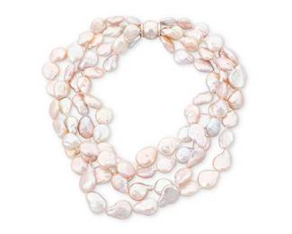 1165
A Silver and Cultured Pearl Necklace
Featuring four strands of baroque cultured pearls finished with a magnetic silver clasp, signed Lange, no.A-4470ENNS
Length: 17 1/2 in.
196.9 grams gross
Estimate: $400 - $600