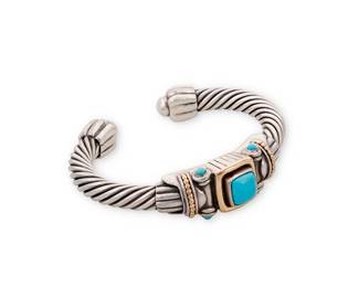 1082
Samuel Benham: A Sterling Silver, 14K Gold and Turquoise Cuff Bracelet
A chunky hinged twisted wire cuff with set square cabochon turquoise and 14k gold accents, marked BJC, and for sterling and 14k gold
Total inner circumference: 6 1/4 in.
47.0 grams gross
Estimate: $400 - $600