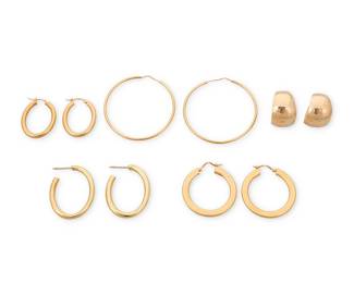 1013
A Group of Gold Earrings
Including three pairs of 18k gold hoops and two pairs of 14k gold hoops
10 pieces
Measures: 3/4 - 1 1/2 in.
13.94 grams gross
Estimate: $400 - $600