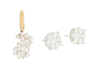 1146
A Group of Gold and Diamond Jewelry
Including an 18k gold pendant set with round diamonds weighing approximately 1.00 carat, together with a pair of 14k white gold earrings set with round diamonds weighing approximately 1.60 carats
3 pieces
Pendant: 1 1/4 x 1/2 in., Earrings: 3/8 in.
8.0 grams gross
Estimate: $400 - $600