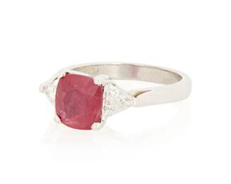 1172
A Platinum, Ruby and Diamond Ring
Centering a cushion cut ruby weighing approximately 2.01 carats, accented by two trilliant-cut diamonds weighing approximately 0.50 carat
Size:
5.6 grams gross
Accompanied by a GRS Report numbered #2023-116516, dated November 2, 2023, stating the Ruby as natural Corundum of Winza (Tanzania) origin with no clarity enhancements.
Estimate: $1,500 - $2,500
