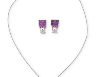 1174
An 18K White Gold, Amethyst and Diamond Necklace and Earring Set
Including a necklace and pair of earrings featuring rectangular step-cut amethyst accented by round diamonds and amethyst
3 pieces
Necklace: 15 in., pendant: 5/8 x 3/8 in., Earrings: 5/8 x 3/8 in.
16.5 grams gross
Estimate: $600 - $800