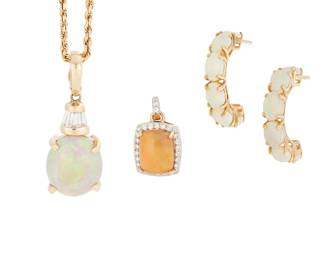 1016
A Group of 14K Gold, Opal and Diamond Jewelry
Including a rope chain suspending an oval opal double cabochon weighing approximately 8.20 carats, together with a square opal cabochon pendant surrounded by round diamonds, and a pair of oval opal cabochon hoops
4 pieces
Necklace: 15 1/2 in., Pendant: 3/4 in., Earrings: 3/4 in.
15.6 grams gross
Estimate: $600 - $800