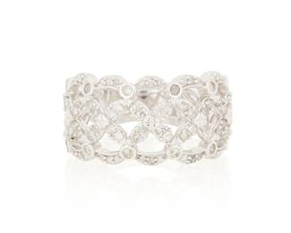 1083
A Sterling Silver and Diamond Ring
Of a lattice design set with round diamonds weighing approximately 0.57 carat
Size: 5
3.7 grams gross
Estimate: $200 - $300