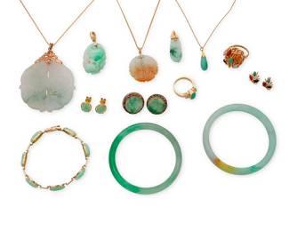 1064
A Large Group of Gold, Silver and Jade Jewelry
Including three necklaces, two pendants, three bracelets, two rings and three pairs of earrings
16 pieces
Necklaces: 15 - 30 in., Pendants: 1 1/8 - 3 in., Earrings: 1/2 - 7/8 in., Bracelets 7 - 7 1/4 in., Rings: 7 and 8 1/4
175.6 grams gross
Estimate: $1,000 - $2,000