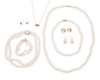 1045
A Group of Gold and Cultured Pearl Jewelry
Including four necklaces, a bracelet and three pairs of earrings
11 pieces
Necklaces: 15 - 29 1/2 in., Bracelet: 7 1/4 in., Earrings: 5/8 - 1 1/8 in.
138.7 grams gross
Estimate: $1,000 - $2,000