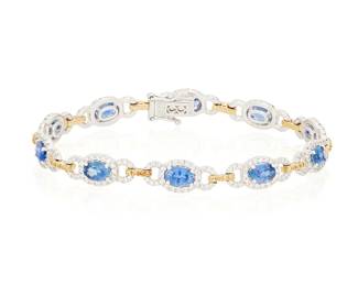 1024
An 18K Bi-Color Gold, Sapphire and Diamond Bracelet
Featuring ten oval sapphires weighing approximately 6.09 carats sapphires, accented by yellow and colorless diamonds weighing approximately 1.56 carats
Length: 7 in.
14.7 grams gross
Estimate: $3,000 - $5,000