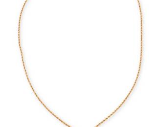 1153
A 14K Gold and Smokey Quartz Pendant Necklace
A 14k gold long rope chain suspending a round smokey quartz weighing approximately 53.6 carats
Chain: 30 in., Pendant: 1 1/8 x 1 1/8 in.
42.0 grams gross
Estimate: $1,000 - $2,000