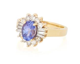 1118
Le Vian: An 18K Gold, Tanzanite and Diamond Ring
Centering an oval tanzanite weighing approximately 1.50 carats encircled by ten round and six baguette-cut diamonds weighing approximately 0.66 carat, signed Le Vian
Size: 7
6.6 grams gross
Estimate: $700 - $1,000