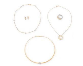 1019
A Group of Bi-Color Gold, Silver and Diamond Jewelry
Including a necklace with round diamonds stations, a collar centering a diamond element and one suspending a round tapered baguette diamond set pendant, together with a pair of small diamond hoop earrings and a silver and diamond ring
Necklaces: 14-15 in. Earrings: 1/2 in., Ring: 7
24.4 grams gross
Estimate: $1,000 - $2,000