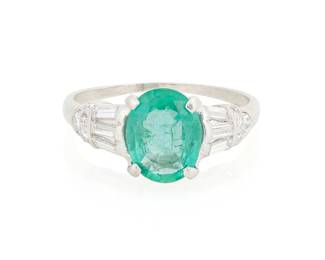 1167
An 18K White Gold, Emerald and Diamond Ring
Centering an oval emerald weighing approximately 1.40 carats accented by single-cut and baguette diamonds weighing approximately 0.50 carat
Size: 7
4.0 grams gross
Estimate: $600 - $800