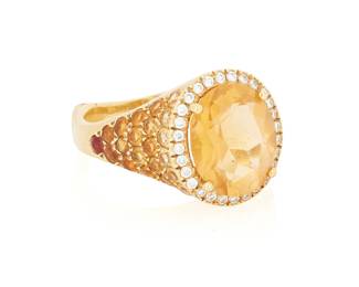 1010
An 18K Gold, Diamond and Citrine Ring
Centering an oval citrine weighing approximately 3.95 carats, encircled by round diamonds and finished with ombre citrine
Size: 8 1/4
9.4 grams gross
Estimate: $300 - $500