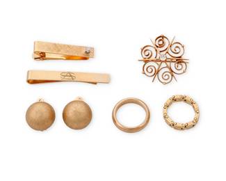 1130
A Group of Gold and Diamond Jewelry
Including a 14k gold, ring, brooch, tie clip and pair of earrings together with a 10k gold, tie clip and chain-link ring
7 pieces
Rings: 4 and 4 3/4, Earrings: 5/8 in., Brooch: 1 1/8 in., Tie clips: 1 3/4 and 1 3/8 in.
25.2 grams gross
Estimate: $800 - $1,200