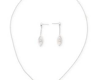 1055
An 18K White Gold and Diamond Necklace and Earring Set
Featuring a marquise-shaped design set with round diamonds weighing approximately 0.65 carat
3 pieces
Necklace: 18 in., Earrings: 1 1/2 in.
6.70 grams gross
Estimate: $500 - $700