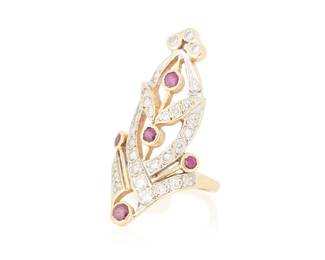 1150
A 14K Bi-Color Gold, Ruby and Diamond Ring
Of an ornate design set with round rubies and accented by round diamonds weighing approximately 0.64 carats
Size: 6 1/2
7.5 grams gross
Estimate: $300 - $500