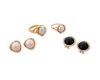 1143
A Group of Gold, Cultured Pearl and Onyx Jewelry
Including a pair of 18k gold and mabe pearl doublet ear clips, a pair of 14k gold and onyx ear clips, an 18k cultured and baroque cultured pearl ring and a 14k gold and mabe doublet ring
6 pieces
Earrings: 5/8 in., 3/4 in., Rings: 7 1/2 x 8 1/4
36.4 grams
Estimate: $400 - $600