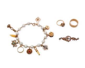 1125
A Group of Gold and Gem-Set Jewelry
Including two 14k gold rings, an 18k gold and seed pearl brooch and a low karat gold bracelet suspending ten charms
4 pieces
Rings: 6 1/4 and 2 1/2, Brooch: 1 3/4 x 1/2 in., Bracelet: 7 1/4 in.
29.5 grams gross
Estimate: $1,000 - $1,500