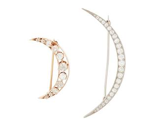 1015
Two Antique Gold, Platinum and Diamond Brooches including Black Starr & Frost
Both of a crescent design, one of 14k yellow gold set with eleven old mine-cut diamonds weighing approximately 1.20 carats, together with a larger platinum brooch set with twenty-five old mine-cut diamonds weighing approximately 1.00 carat, signed BS & F
2 pieces
Measures: 1 1/4 x 3/4 in and 2 1/4 x 3/4 in.
10.4 grams gross
Estimate: $1,000 - $2,000
