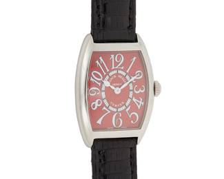 1188
Franck Muller: A Stainless Steel 'Curvex' Watch
Dial: 19.00 mm, with Arabic numerals
Model: Curvex, Red Carpet
Case: 24.00 mm, 1752
Closure: black leather strap with buckle clasp
Signed:dial and case
Inner circumference: 6 3/4 in.
26.9 grams gross
Estimate: $1,000 - $1,500