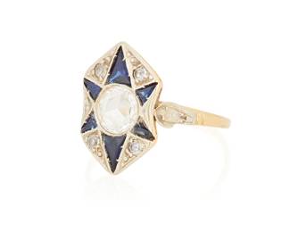1106
A Gold, Sapphire and Diamond Ring
Centering a rose-cut diamond accented by five single-cut diamonds and triangular-cut sapphires
Size: 7 1/2
2.3 grams gross
Estimate: $500 - $700