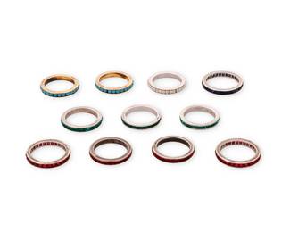 1081
A Group of Sterling Silver and Diamanté Bands
Comprising four narrow bands with red stones, three with green stones, two with turquoise colored beads, one with seed pearl beads, and one with blue stones, eight marked for sterling
11 pieces
Sizes: 6 to 4 1/4
19.8 grams gross
Estimate: $400 - $600