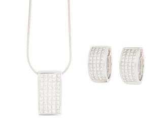 1032
An 18K White Gold and Diamond Necklace and Earring Set
Including a necklace and earring set of similar design featuring channel-set princess-cut diamonds weighing approximately 2.70 carats total
3 pieces
Necklace: 16 in., Pendant: 3/4 x 3/8 in., Earrings: 5/8 x 1/4 in.
13.7 grams gross
Estimate: $1,000 - $2,000