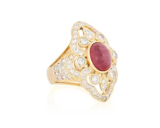 1134
An 18K Gold, Ruby and Diamond Ring
Centering an oval ruby cabochon, accented by round diamonds weighing approximately 0.76 carats
Size: 3 3/4
6.0 grams gross
Estimate: $1,000 - $2,000