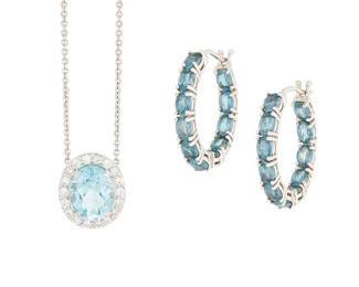 1173
A Group of Gem-Set Jewelry
Including an 18k white gold chain suspending a pendant centering an oval aquamarine weighing approximately 1.58 carats encircled by round diamonds, together with a pair of sterling silver and blue topaz earrings
3 pieces
Necklace: 15 in., Earrings: 7/8 in.
7.4 grams gross
Estimate: $400 - $600