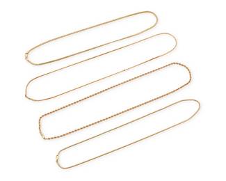 1147
A Group of Four 14K Gold Chains
Of various link styles
4 pieces
Lengths: 20 - 22 in.
42 grams
Estimate: $1,200 - $1,800