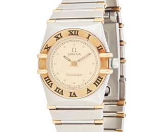1189
Omega: A Stainless-Steel 'Constellation' Watch
Dial:16.00 mm, round with dot and Roman Numeral hour markers
Model: Constellation
Case: 22.00 mm
Closure: stainless steel and gold-plated link bracelet with deployment clasp
Signed: dial and case
Inner circumference: 5 3/4 in.
40.5 grams gross
Estimate: $300 - $500