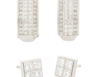 1027
Two Pairs of 18K White Gold and Diamond Earrings
Including a pair of half hoop earrings set with princess-cut diamonds weighing approximately 1.90 carats, together with a pair of square studs set with eight princess-cut diamonds weighing approximately 1.20 carats
Measures: 1/4 in. and 3/4 in.
9.4 grams gross
Estimate: $600 - $800
