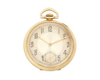1180
Tissot: A 14K Gold-Filled Pocket Watch
Dial: round with arabic numerals
Model: 253208, 11094976
Case: 12k gold
Signed: movement, with gold-filled watch chain
Size: 18s
Estimate: $400 - $600