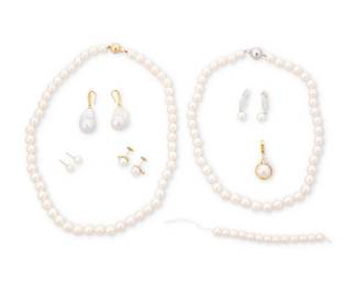1044
A Group of Bi-Color Gold, Cultured Pearl and Diamond Jewelry
Including two cultured pearl necklaces, including an extra loose small strand of pearls, four pairs of earrings and mabe pearl and diamond pendant
8 pieces
Necklaces: 16 1/2 in., 19 in., Earrings: 1/4 - 1 5/8 in., pendant: 1 3/8 in.
130.6 grams gross
Estimate: $800 - $1,200