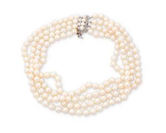 1043
A White Gold and Cultured Pearl Necklace
Featuring four nestled strands of cultured pearls measuring approximately 8.00-8.60 mm
Length: 15 in.
149.6 grams gross
Estimate: $1,000 - $1,500