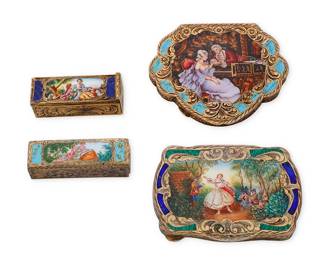 1080
A Group of Continental Silver and Vermeil Vanity Accessories
Comprising two chased vermeil silver powder compacts and two lidded lipstick cases, each featuring colored enamel and painted pastoral and romantic scenes, and each with mirror to interior, one compact with feather puff, and one lipstick case marked: 800 Italy
4 pieces
Compacts: 3/8 in. H x 3 1/2 in. W x 3 in. & 2 1/2 in. D; cases: 3/4 in. H x 2 3/8 in. & 2 1/4 in. W x 3/4 in. D
314.8 grams gross
Estimate: $300 - $500