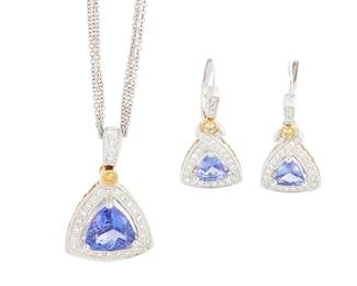 1023
Simon G: An 18K White Gold, Tanzanite and Diamond Necklace and Earring Set
Of a triangular design centering triangular tanzanites, accented by round diamonds set in 18k white and yellow gold motifs, signed Simon G
3 pieces
Necklace: 15 in., Pendant: 1 x 5/8 in., Earrings: 7/8 x 1/2 in.
13.6 grams gross
Estimate: $1,000 - $2,000