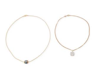 1039
Two Gold, Cultured Pearl and Diamond Necklaces
Including a 14k gold and grey cultured pearl pendant suspend on a 7k gold chain, together with a 14k gold and pave diamond set pendant suspended form a plated chain
2 pieces
Chains: 17 in., 14 in., Pendants: 1/2 in.
13.3 grams
Estimate: $300 - $500