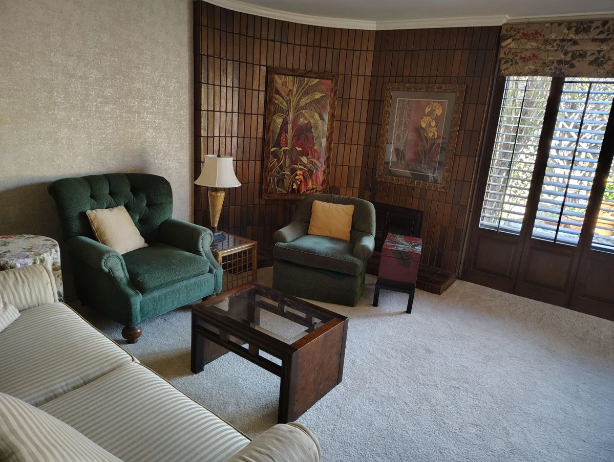 Couch, coffee table, upholstered chairs, end table, lamp