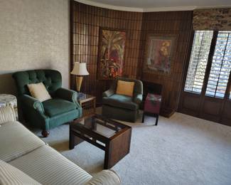 Couch, coffee table, upholstered chairs, end table, lamp