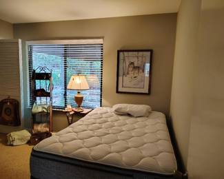 Full mattress box springs frame, lamp, picture, sheets, throws