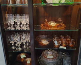 Crystal wine glasses, serving dishes, twisted wine glasses, depression glass