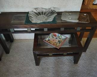 Coffee and sofa table, glass bowl and tray