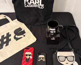 Karl Lagerfeld - Crossbody w/ Duster,  Mug with Box, 2 Phone cases, 2 canvas totes, will be adding Pens and Jewelry on Tuesday